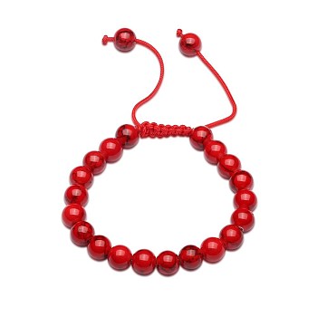 Adjustable Glass Braided Bead Bracelets, Round Ball, Red, Inner Diameter: 3-3/8~2-1/8 inch(5.5~8.5cm)