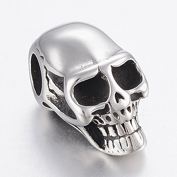 304 Stainless Steel European Beads, Large Hole Beads, Skull Head, Stainless Steel Color, 21x10.5x11mm, Hole: 5mm