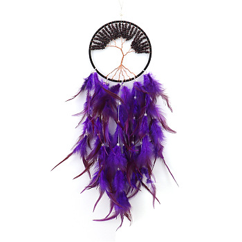 Tree of Life Wrapped Natural Garnet Chips Woven Web/Net with Feather Decorations, for Home Bedroom Hanging Decorations, Purple, 600x160mm
