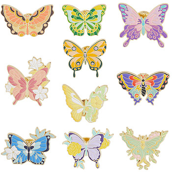 10Pcs 10 Style Flower Butterfly Enamel Pin, Gold Plated Alloy Badge for Backpack Clothes, Mixed Color, 18.5~30x27~30x1.5mm, 1Pc/style