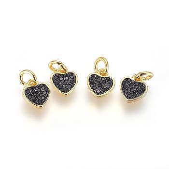 Brass Micro Pave Cubic Zirconia Charms, with Jump Ring, Heart, Black, Gunmetal & Golden, 8x7x2mm, Hole: 3mm