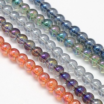 Electroplate Crystal Glass Round Beads Strands, Rainbow Color Plated, Mixed Color, 6mm, Hole: 1mm, about 69pcs/strand, 16.1 inch