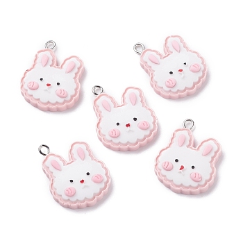 Opaque Resin Pendants, with Platinum Tone Iron Loops, Rabbit Head, Pink, 27x22.5x6mm, Hole: 2mm