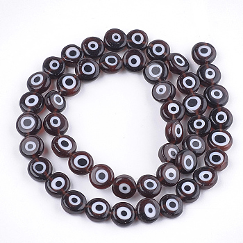 Handmade Evil Eye Lampwork Beads Strands, Flat Round, Coconut Brown, 7.5x3mm, Hole: 1mm, about 48pcs/strand, 13.7 inch~14.9 inch