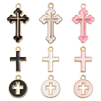 90Pcs 9 Style Easter Themed Light Gold Alloy Enamel Pendants, Flat Round with Cross & Cross, Mixed Color, 15~25x10~14x1.5~1.8mm, Hole: 1.6~1.8mm, 10pcs/style