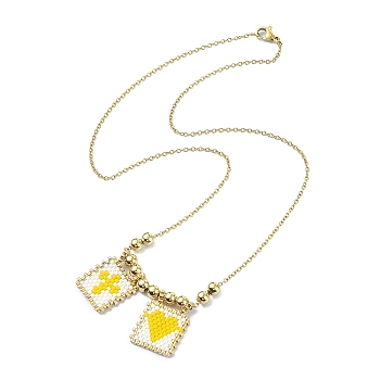 Rectangle with Cross & Heart Glass Seed Beaded Pendant Necklace, Golden 304 Stainless Steel Jewelry for Women, Yellow, 17.68 inch(44.9cm)