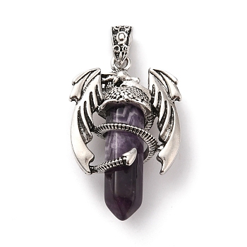 Natural Amethyst Pointed Pendants, Faceted Bullet Charms, with Rack Plating Platinum Tone Alloy Dragon Findings, Cadmium Free & Lead Free, 39~41x24~25x13~14mm, Hole: 4x8mm
