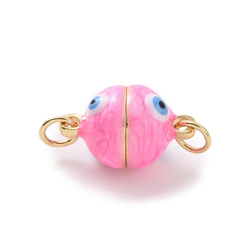 Brass Magnetic Clasps, with Enamel, Round with Evil Eye, Real 18K Gold Plated, Hot Pink, 16x10mm, Hole: 3mm