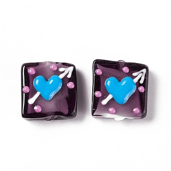 Handmade Lampwork Beads, Square with Arrow Through the Heart Pattern, Purple, 16x15x6mm, Hole: 1.8mm