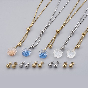 304 Stainless Steel Jewelry Sets, with Resin, Slider Necklaces and Stud Earring, Mixed Color, 23.62 inch(60cm), 2mm, 19x8mm, Pin: 0.8mm
