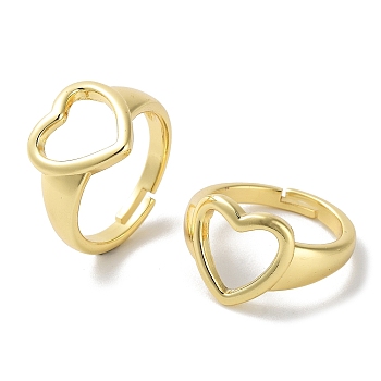 Brass Adjustable Rings for Women, Hollow Heart, Real 18K Gold Plated, Inner Diameter: 18mm