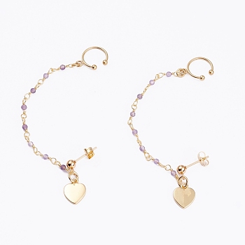 304 Stainless Steel Stud Earrings, with Clip-on Earrings and Natural Amethyst Beaded Chains, Heart, Real 18K Gold Plated, 15mm, Pin: 0.7mm