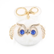 Cute Pompom Fluffy Owl Pendant Keychain, with Alloy Findings, for Woman Handbag Car Key Backpack Pendants, White, 12x9cm(KEYC-PW0008-007G-01)