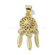 Rack Plating Real 18K Gold Plated Brass Micro Pave Clear Cubic Zirconia Pendants, Long-Lasting Plated, Lead Free & Cadmium Free, Woven Net/Web with Feather, Flat Round, 22x11x3mm, Hole: 3x4.5mm(KK-B084-13G-01)