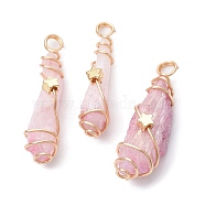 Electroplated Natural Quartz Crystal Dyed Copper Wire Wrapped Pendants, Teardrop Charms with Brass Star, Golden, Pink, 28~39x8~12x8mm, Hole: 4mm(PALLOY-JF02326-06)