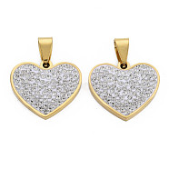 201 Stainless Steel Pendants, with Crystal Rhinestone and Stainless Steel Snap On Bails, Heart, Golden, 19x22x3mm, Hole: 3x7mm(STAS-N095-039G)