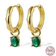 Real 18K Gold Plated 925 Sterling Silver Dangle Hoop Earrings, Diamond Cubic Zirconia Drop Earrings, with 925 Stamp, Green, 22x13mm(KY7415-2)
