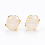 Natural Rose Quartz Stud Earrings, with Golden Tone Brass Findings, Faceted Oval, 14~14.5x11mm, Pin: 0.8mm(EJEW-L196-04G)