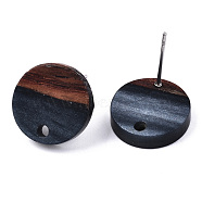 Resin & Walnut Wood Stud Earring Findings, with 304 Stainless Steel Pin, Flat Round, Prussian Blue, 14mm, Hole: 1.8mm, Pin: 0.7mm(MAK-N032-007A-H01)