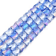 AB Color Plated Transparent Glass Beads Strands, Faceted Bamboo Stick, Royal Blue, 10.5~11x8x5mm, Hole: 1mm, about 59~60pcs/strand, 24.41~24.80''(62~63cm)(EGLA-P051-06A-A11)