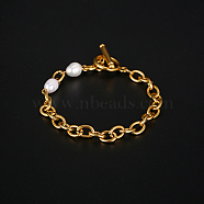 Stainless Steel Chain Bracelets, with Natural Pearl Beads, Real 18K Gold Plated, 7-1/4 inch(18.5cm)(FX7383)