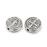 Tibetan Style Alloy Flat Round Beads, with Jesus and Latin Cross, For Easter, Lead Free & Cadmium Free, Antique Silver, 10x2.5mm, Hole: 1mm(TIBEB-E072-02AS-RS)