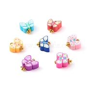 Polymer Clay Charms, with Brass Findings, Butterfly, Golden, Mixed Color, 10x12x4mm, Hole: 1.6mm(PALLOY-JF00679)