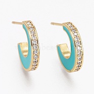 Brass Micro Pave Clear Cubic Zirconia Half Hoop Earrings, with Enamel and Ear Nuts, Long-Lasting Plated, Moon, Real 18K Gold Plated, Turquoise, 14x12x2.5mm, Pin: 1mm(EJEW-L231-64A)