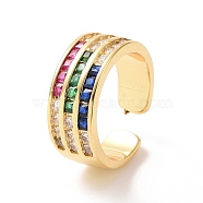 Colorful Cubic Zirconia Triple Line Open Cuff Ring, Brass Jewelry for Women, Real 18K Gold Plated, US Size 5 1/4(15.9mm)(RJEW-G270-04G)