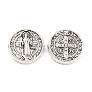 Tibetan Style Alloy Beads, Cadmium Free & Lead Free, Flat Round with Cssml Ndsmd Cross God Father Religious Christianity, Antique Silver, 10x3mm, Hole: 1mm, about 952pcs/1000g(TIBE-P001-25AS)