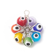 7 Chakra Handmade Evil Eye Lampwork Pendants, Copper Wire Wrapped Charms, Silver, 29.5x25x10mm, Hole: 2.8mm(PALLOY-JF01997-02)
