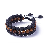 Adjustable Natural Tiger Eye Braided Bead Bracelets, with Natural Lava Rock, Natural Black Agate Beads and Nylon Cord, 2-3/8 inch~3 inch(5.9~7.8cm)(BJEW-I273-E04)