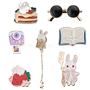 7Pcs 7 Style Rabbit & Cat & Sunglasses & Book Enamel Pins, Light Gold Plated Alloy Badges for Backpack Clothes, Mixed Color, 19.5~78x19.5~43x1.9~2.3mm, 1Pc/style(JEWB-SC0001-18)