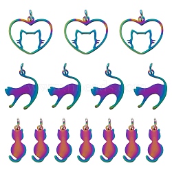 18Pcs 3 Style Ion Plating(IP) 201 Stainless Steel Kitten Pendants, with Jump Rings, Cat Shape & Heart, Rainbow Color, 17~17.5x8~20x1mm, Jump Ring: 5x0.8mm, Inner Diameter: 3mm, 6pcs/style(STAS-LS0001-75MC)