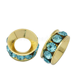 Brass Rhinestone Spacer Beads, Grade A, Rondelle, Golden Metal Color, Aquamarine, 9x4mm, Hole: 4mm(RB-A020-9mm-03G)