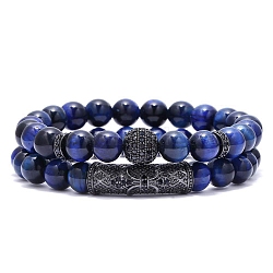 2Pcs 2 Style Dyed Natural Tiger Eye Beaded Stretch Bracelets Set, Blue, Inner Diameter: 2-3/8 inch(6cm), 1Pc/style(PW-WG89041-04)