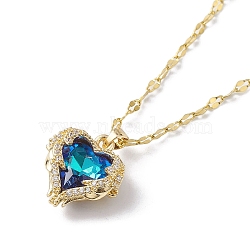 Brass Micro Pave Cubic Zirconia Pendant Necklaces, with Glass, Heart, Blue, 15.63 inch(397mm)(NJEW-C039-05KCG-01)