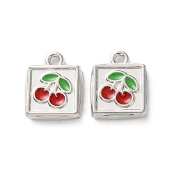 Rack Plating Alloy Enamel Pendants, Square with Cherry Charm, Platinum, 14x11x2.5mm, Hole: 1.5mm(FIND-M038-08P)