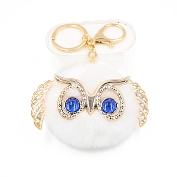 Cute Pompom Fluffy Owl Pendant Keychain, with Alloy Findings, for Woman Handbag Car Key Backpack Pendants, White, 12x9cm