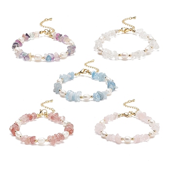5Pcs 5 Style Natural Mixed Gemstone Chips & Pearl Beaded Bracelets Set for Women, 7-1/4 inch(18.5cm), 1Pc/style