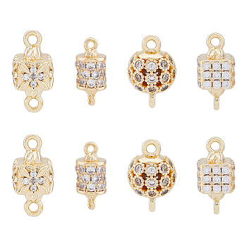 8Pcs 4 Styles Brass Micro Pave Clear Cubic Zirconia Connector Charms, Column & Round & Square Links, Real 18K Gold Plated, 12~15.5x6.5~8mm, Hole: 1.4mm, 2pcs/style