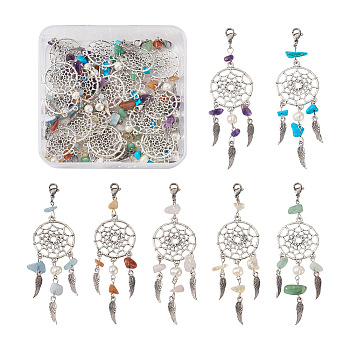 28Pcs 7 Style Natural Gemstone Chip Pendant Decoration, Alloy Woven Net/Web with Wing Hanging Ornament, with Natural Cultured Freshwater Pearl, 304 Stainless Steel Lobster Claw Clasps, 98~100mm, 4pcs/style