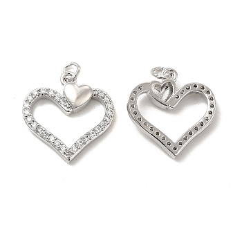 Brass Micro Pave Cubic Zirconia Pendants, with Jump Ring, Heart Charm, Platinum, 20.5x19.5x3.5mm, Hole: 3.5mm