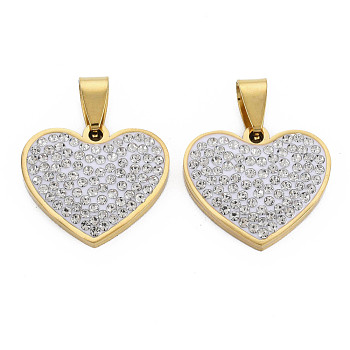 201 Stainless Steel Pendants, with Crystal Rhinestone and Stainless Steel Snap On Bails, Heart, Golden, 19x22x3mm, Hole: 3x7mm