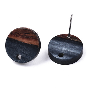 Resin & Walnut Wood Stud Earring Findings, with 304 Stainless Steel Pin, Flat Round, Prussian Blue, 14mm, Hole: 1.8mm, Pin: 0.7mm