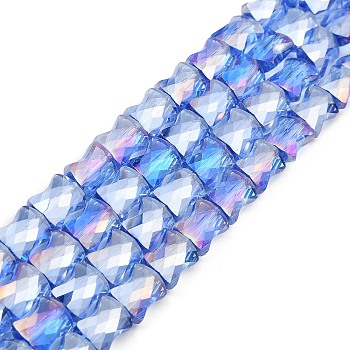 AB Color Plated Transparent Glass Beads Strands, Faceted Bamboo Stick, Royal Blue, 10.5~11x8x5mm, Hole: 1mm, about 59~60pcs/strand, 24.41~24.80''(62~63cm)
