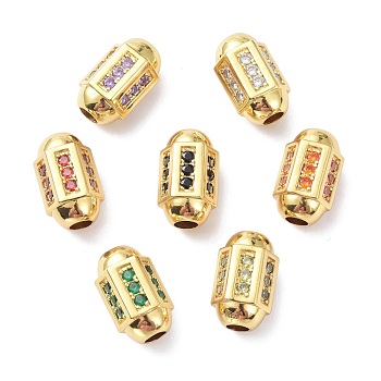 Brass Micro Pave Cubic Zirconia Beadsong-Lasting Plated, Real 18K Gold Plated, Column, Mixed Color, 17x9.5mm, Hole: 4mm