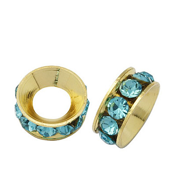 Brass Rhinestone Spacer Beads, Grade A, Rondelle, Golden Metal Color, Aquamarine, 9x4mm, Hole: 4mm
