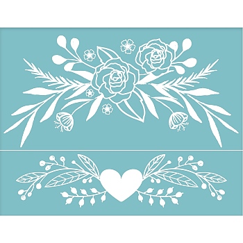 Self-Adhesive Silk Screen Printing Stencil, for Painting on Wood, DIY Decoration T-Shirt Fabric, Flower with Heart, Sky Blue, 22x28cm