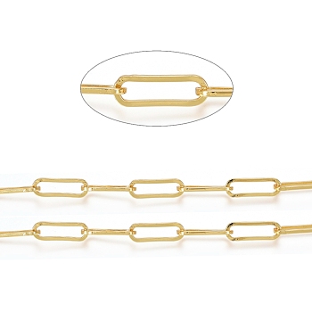 Soldered Brass Paperclip Chains, Flat Oval, Drawn Elongated Cable Chains, Long-Lasting Plated, Real 18K Gold Plated, 15x5x1mm